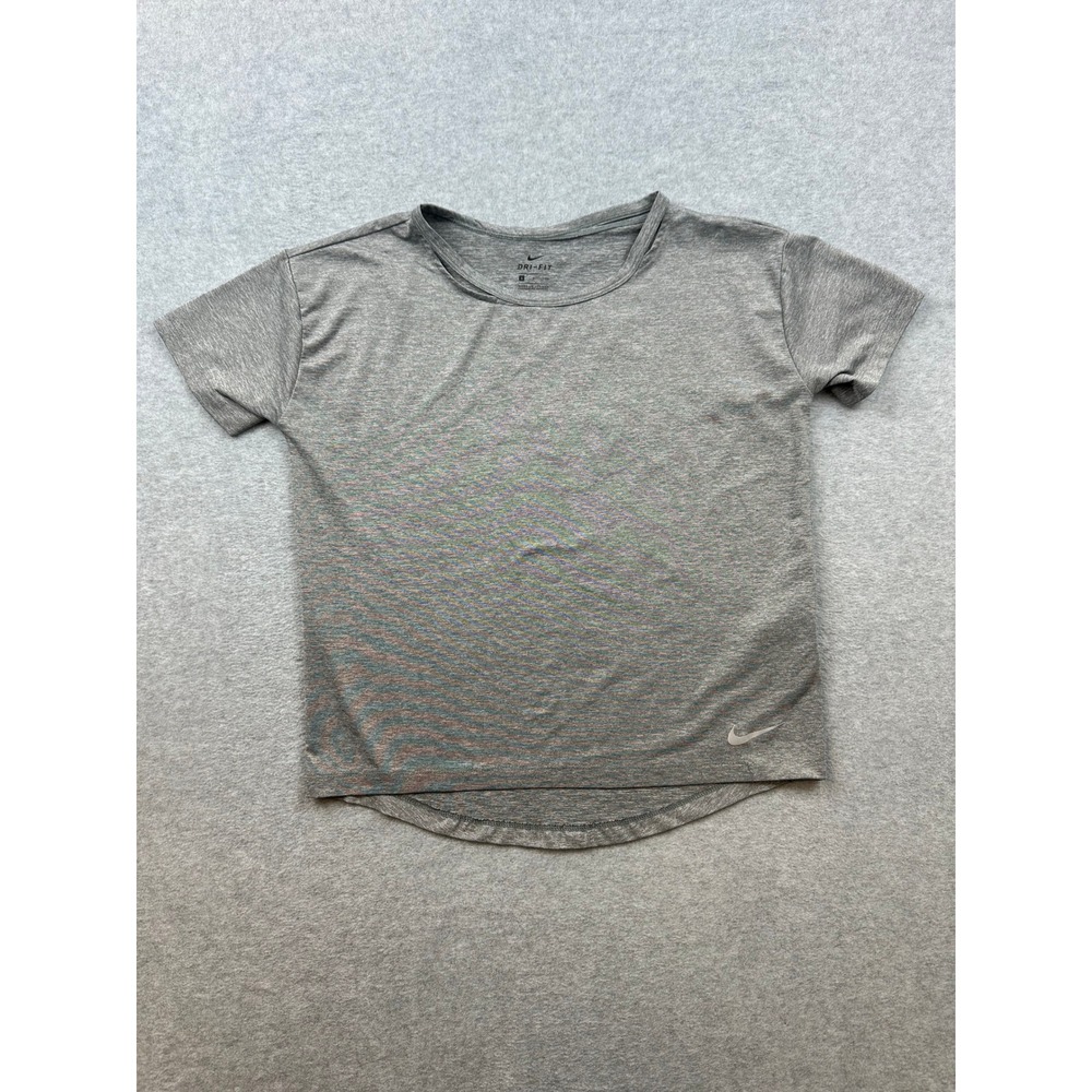 Nike Dri-FIT Womens Small Gray Heathered Short Sleeve Training Top Curved Hem